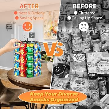 4 Tier Rotating Chip Rack Display Stand with 48 Clips, Countertop Chip Bag Holder with Wooden Base, Rustic Snack Organizer for Party Retail Concession Stand (Black)