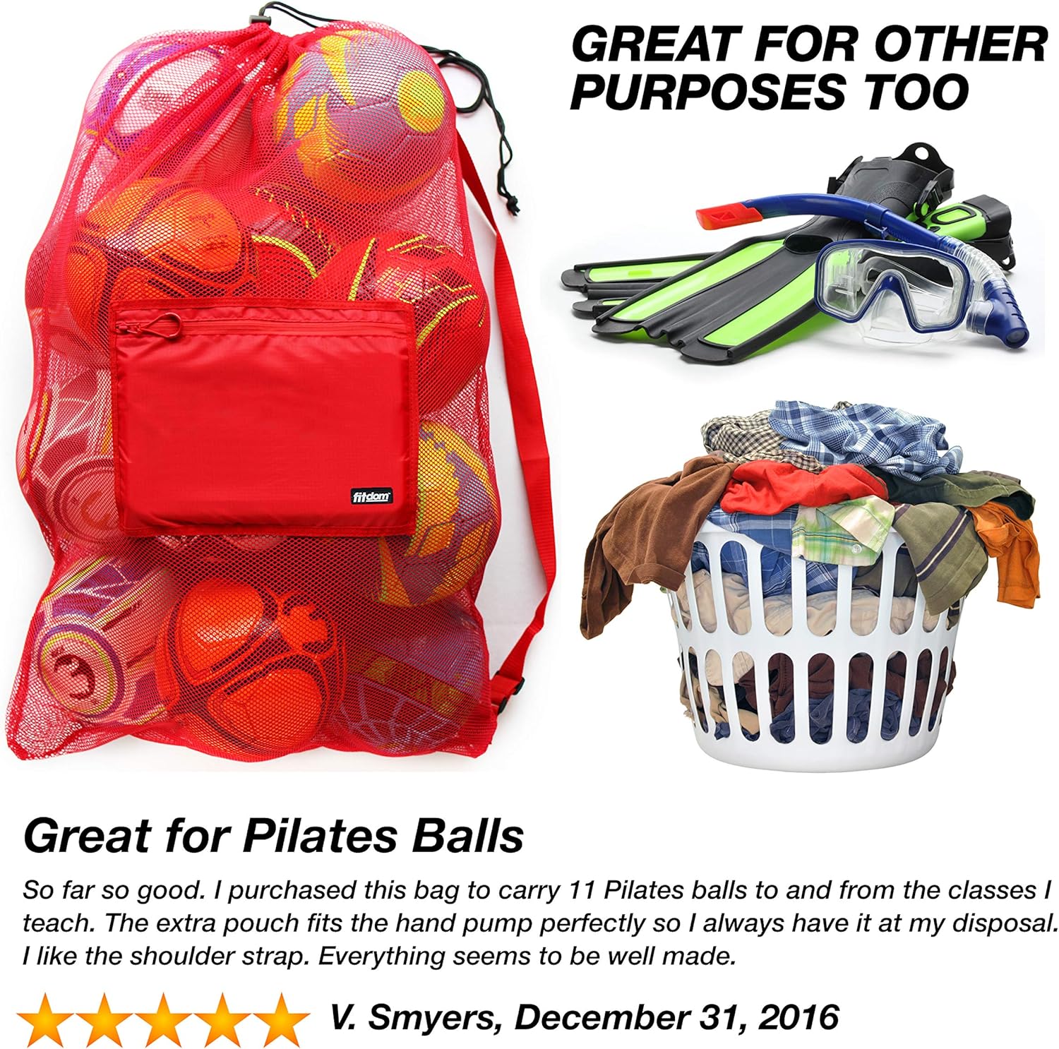 Extra Large Heavy Duty Mesh Bag for Soccer Ball, Water Sports, Beach Cloth, Swimming Gears. Adjustable Shoulder Strap Made to Fit Adults and Kids. Secure Side Pocket for Your Personal Item (Red) : Sports & Outdoors