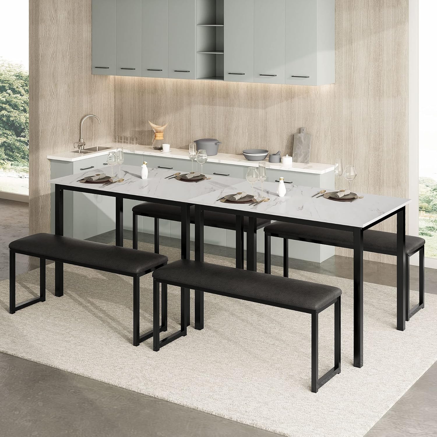 HOMOOI Two 3Piece Dining Table Set, 2 Pack Kitchen Marble Table Set with 4 Faux Leather