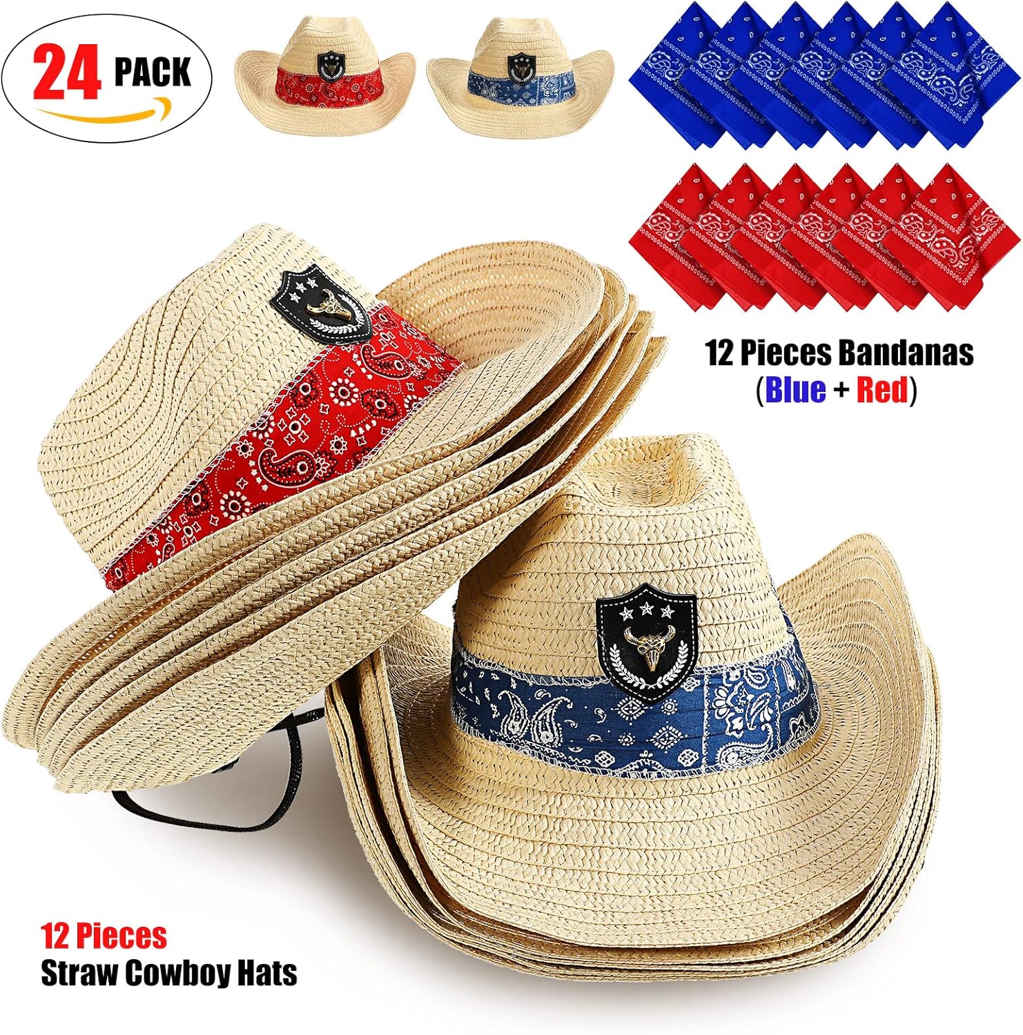 SATINIOR 12 Set Straw Cowboy Hats and Bandanas Party Pack Cowboy Party Hat Costume Head Bandana Bulk Western Accessories : Everything Else