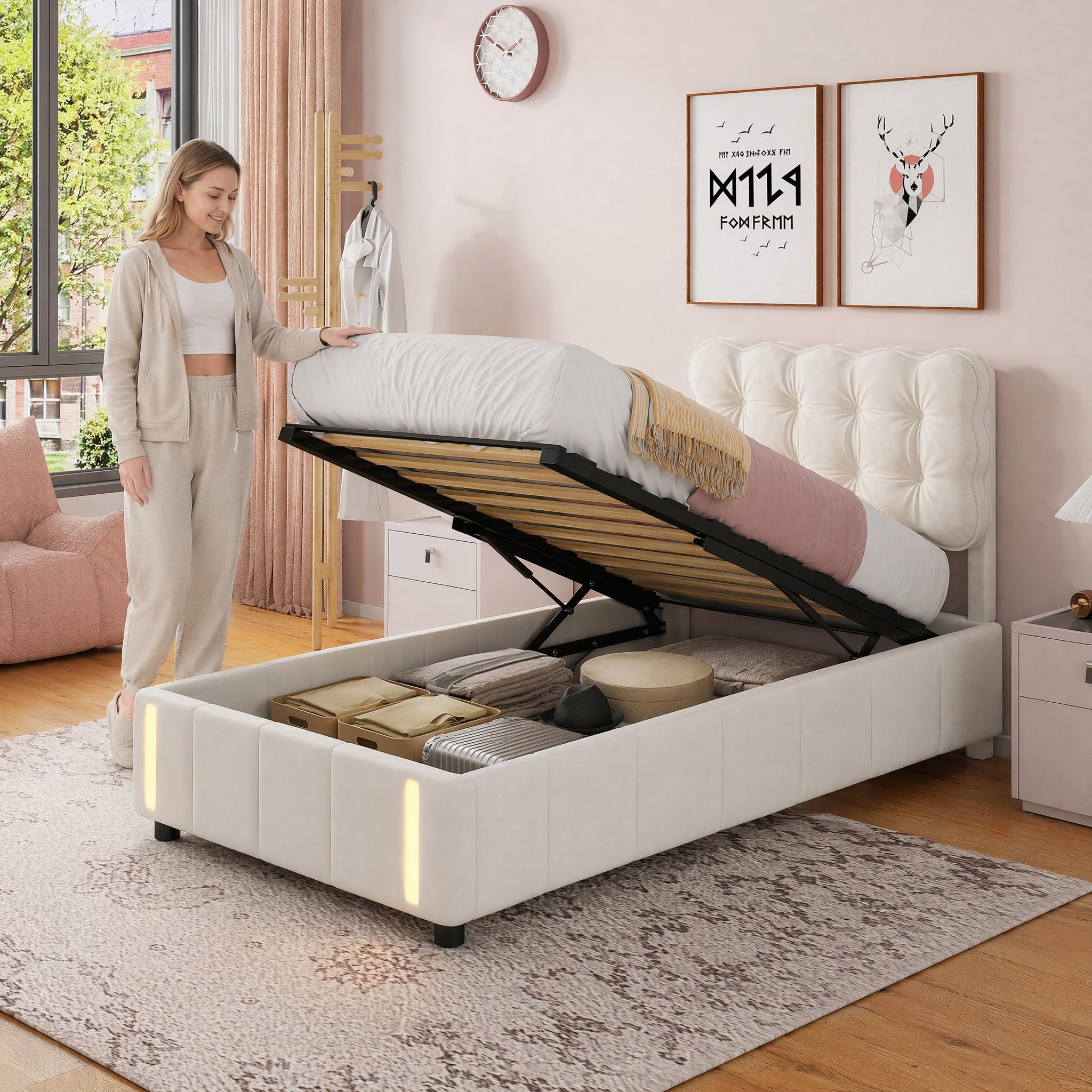 KOOPMAD Ottoman Storage Bed 90×190 with Light,Hydraulic Lift Up Storage Bed,Single Bed Frame with Wooden Slats,Soft and Comfortable Headboard,Velvet, Beige (No Mattress)