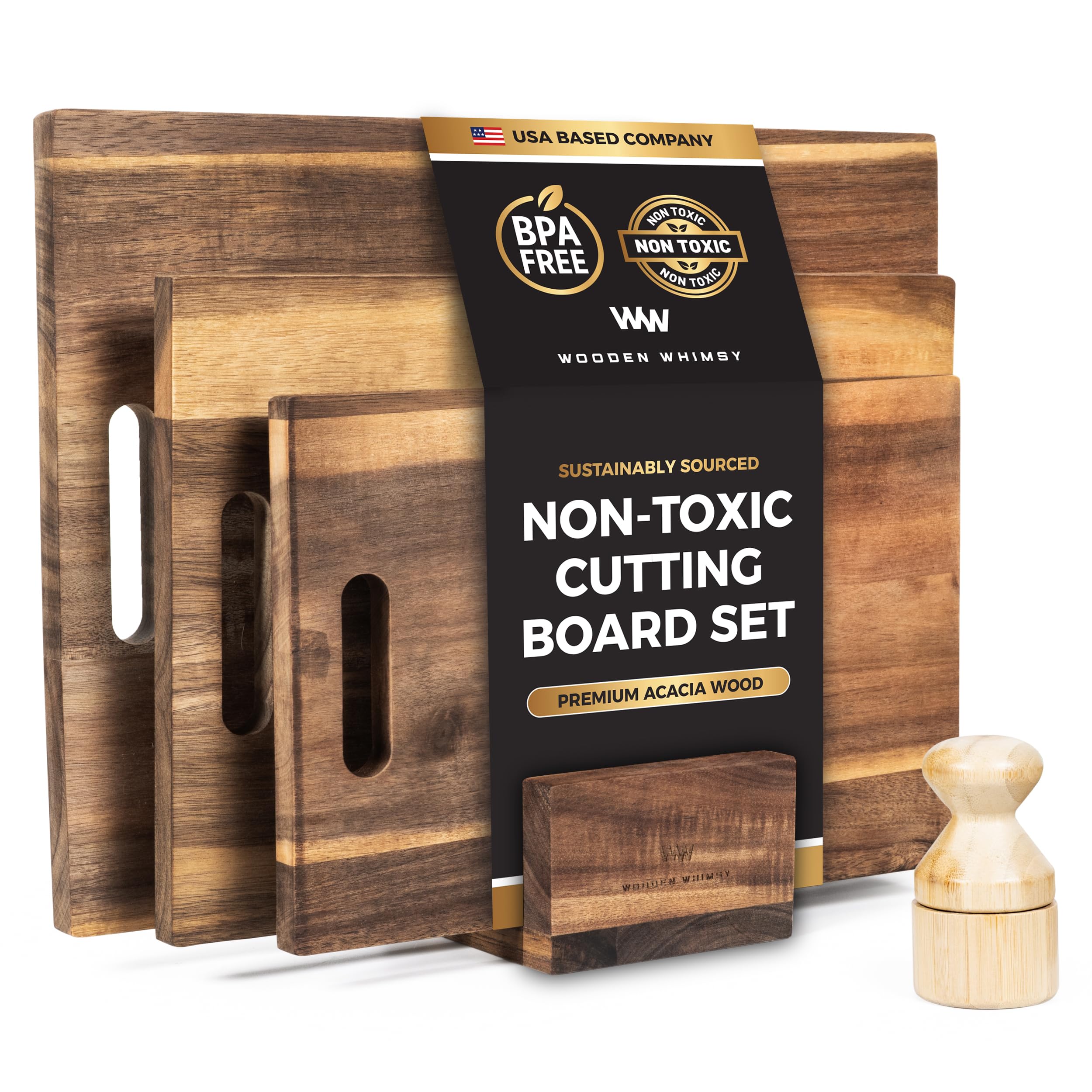 modern acacia cutting board set with holder and oil applicator- 3-piece wooden kitchen butcher block - solid wood chopping blocks for food prepping, charcuterie, and cheeseboards