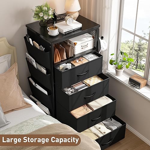 Miniatura 3 de Cómoda para dormitorio con estación de carga y luces LED, 4 cajones con bolsillos laterales, aparadores y cómodas, unidad organizadora de cómoda de