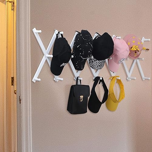 Miniatura 2 de WEBI Perchero de pared de acordeón, perchero de madera expandible, perchero de acordeón para sombreros, gorras, 20 ganchos de clavija, blanco, 2