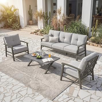Aluminum Patio Sofa Set, 4 Piece Outdoor Patio Furniture Set with Thick Cushions, All Weather Outdoor Sectional Sofa Couch Sets for Deck, Lawn, Poolside, Backyard, Limed Oak