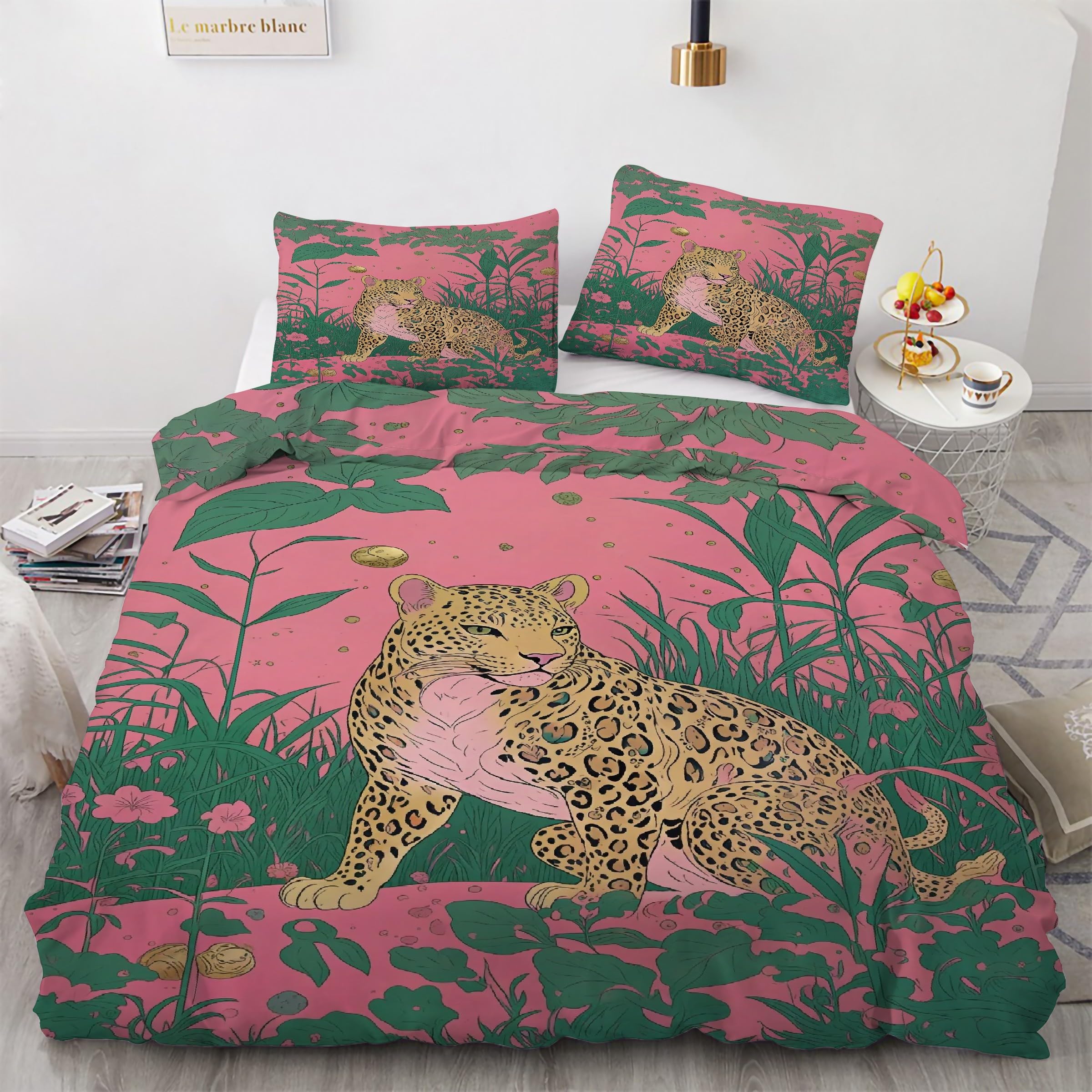 Housse de couette 160x200 léopard et 2 taies d'oreiller en microfibre