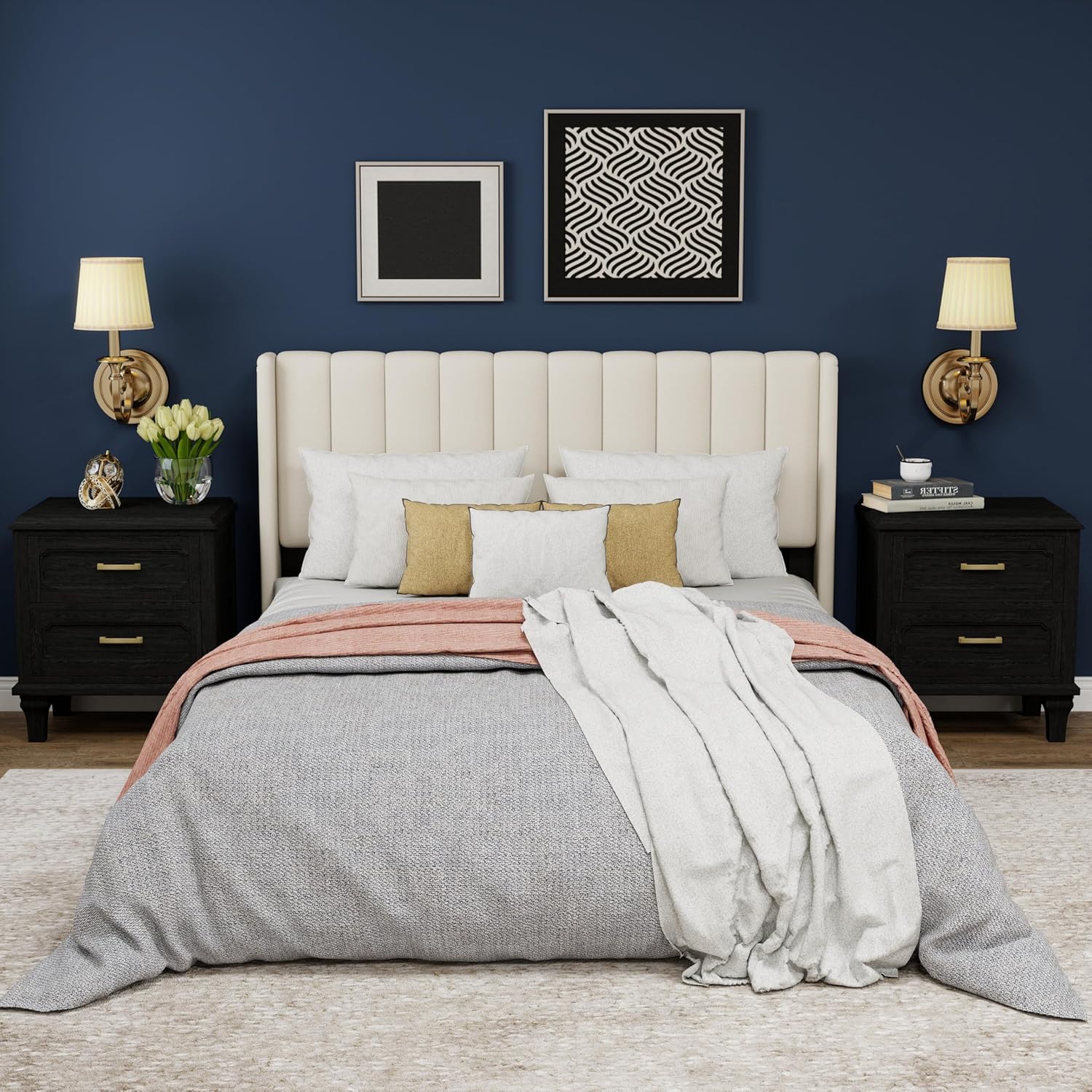 Upholstered Platform Queen Size Bed Frame with Headboard Wooden Slats Support No Noise Easy Assembly Beige Velvet