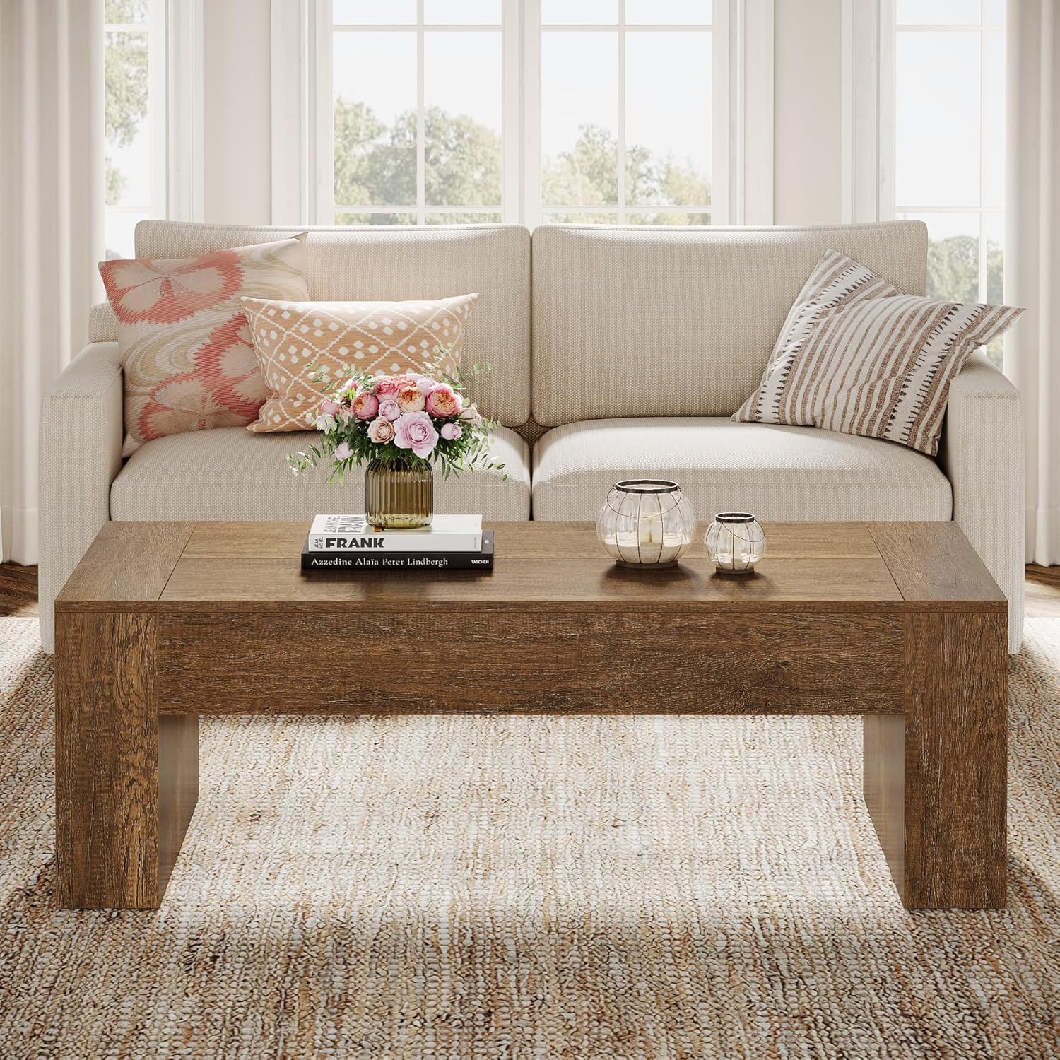 Tribesigns Rectangular Coffee Table for Living Room, 51-Inch Farmhouse Accent Center Cocktail Tea Table with Sturdy Base, Vintage Tea Furniture for Home Reception, Brown