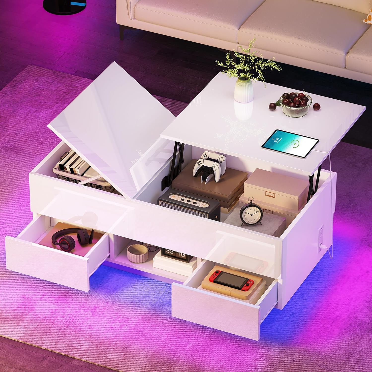 YITAHOME LED Lift Top Coffee Tables for Living Room with Power Outlets Charging Station, Modern Coffee Table with Storage 2 Drawers and Open Shelfs Rectangular Small Coffee Table Decor, Glossy White