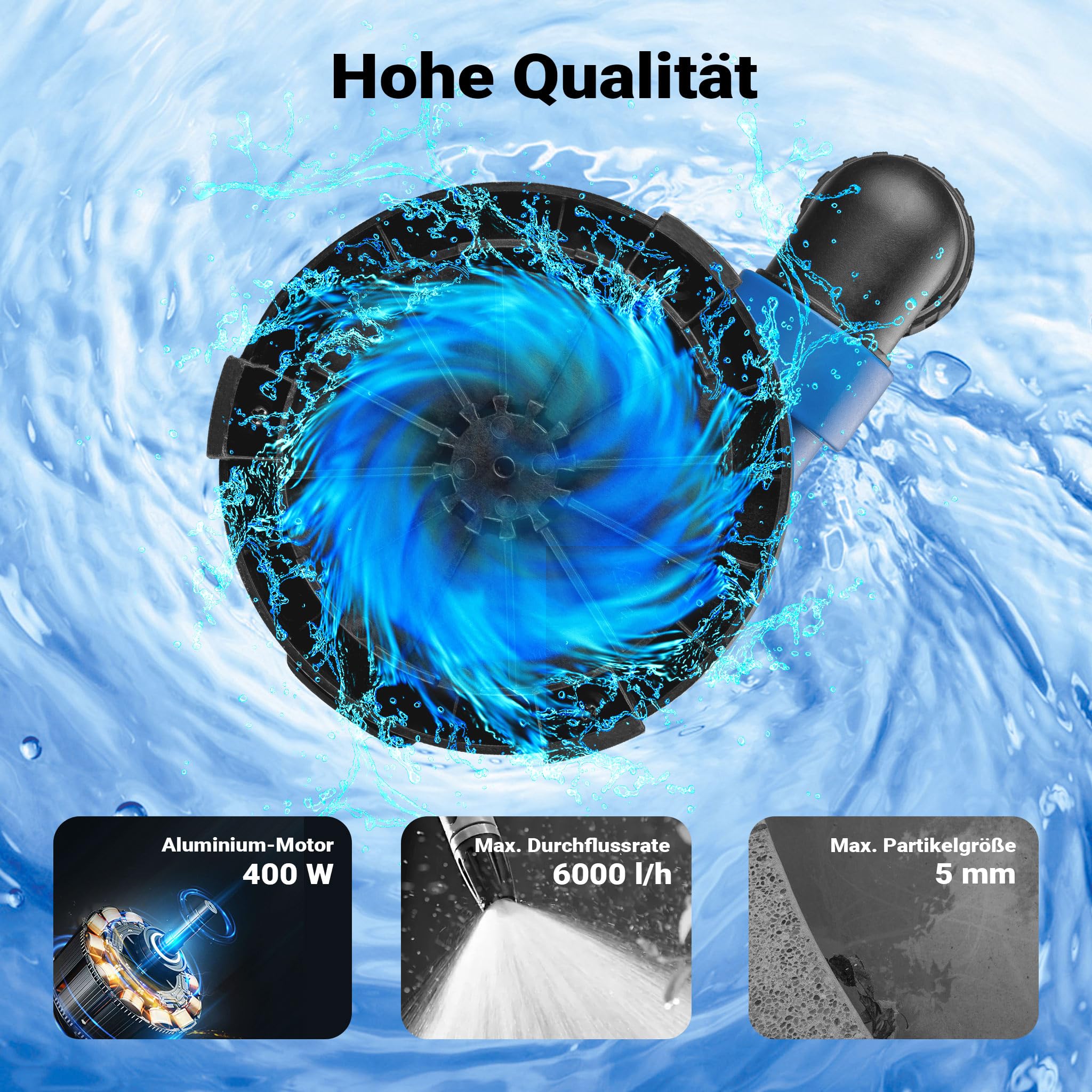Wiltec Tauchpumpe 400 W, Schmutzwasserpumpe mit max. Fördermenge 6000 l/h, Pumpe zum Absaugen von Wasser max. Förderhöhe 7 m, Flachsaugpumpe für Keller