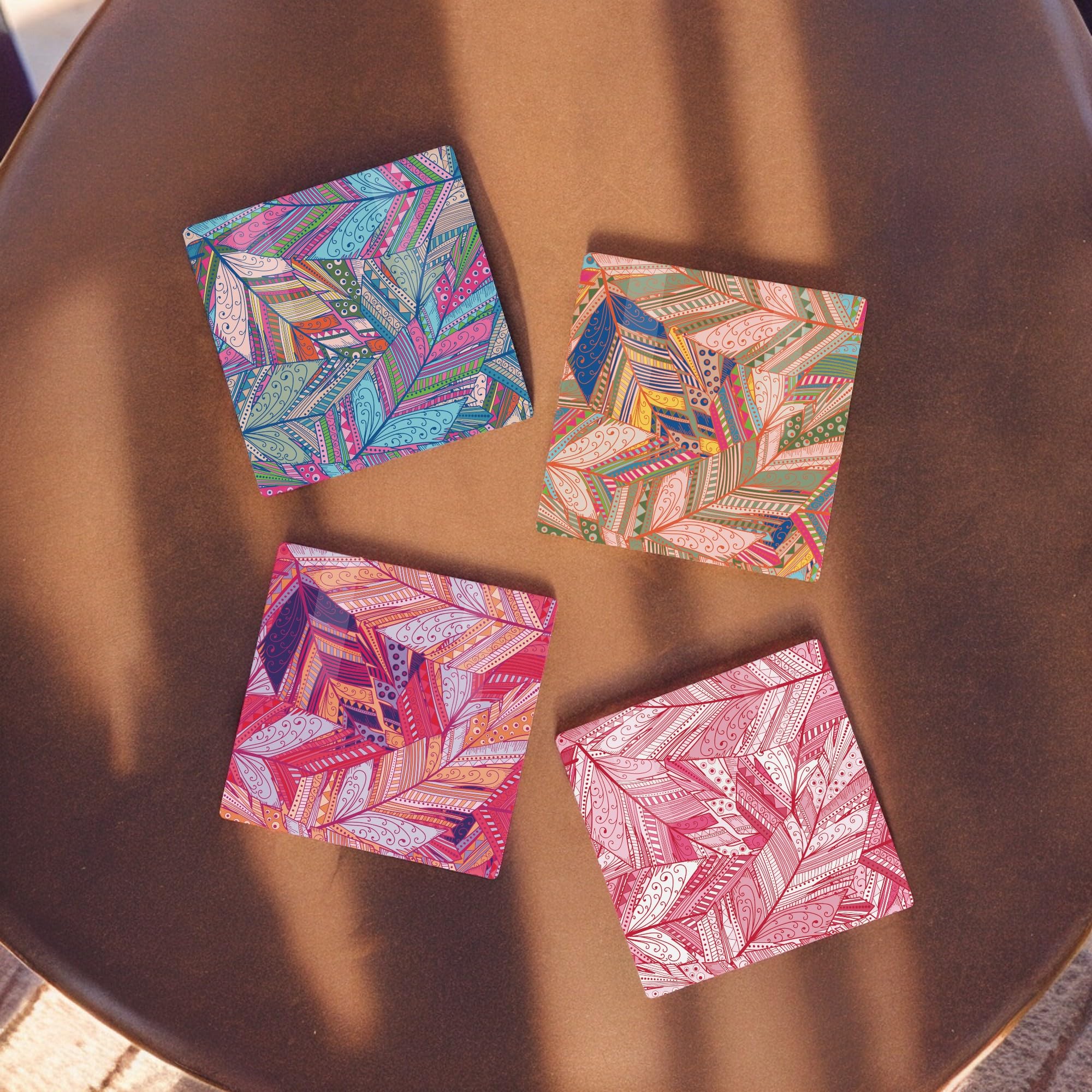 Abstract Feathers Ceramic Coaster Set - Colourful Mosaic Square Set of Four (4) Coasters Gift - Image 2