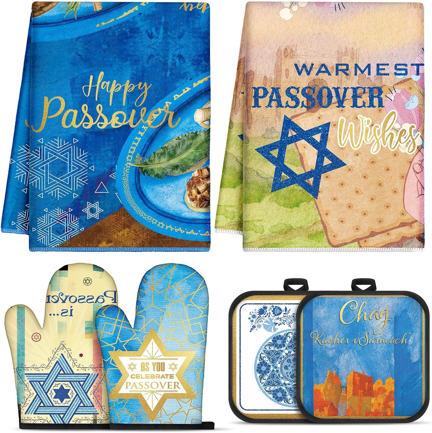 HunnmingRe 6 Pcs Passover Kitchen Accessories Sets Gifts Passover Kitchen Towels Oven Mitts Pot Holders Jewish Seder Decoration Pesach Hostess Gifts for Women Men Cooking Baking Dining Holiday Present