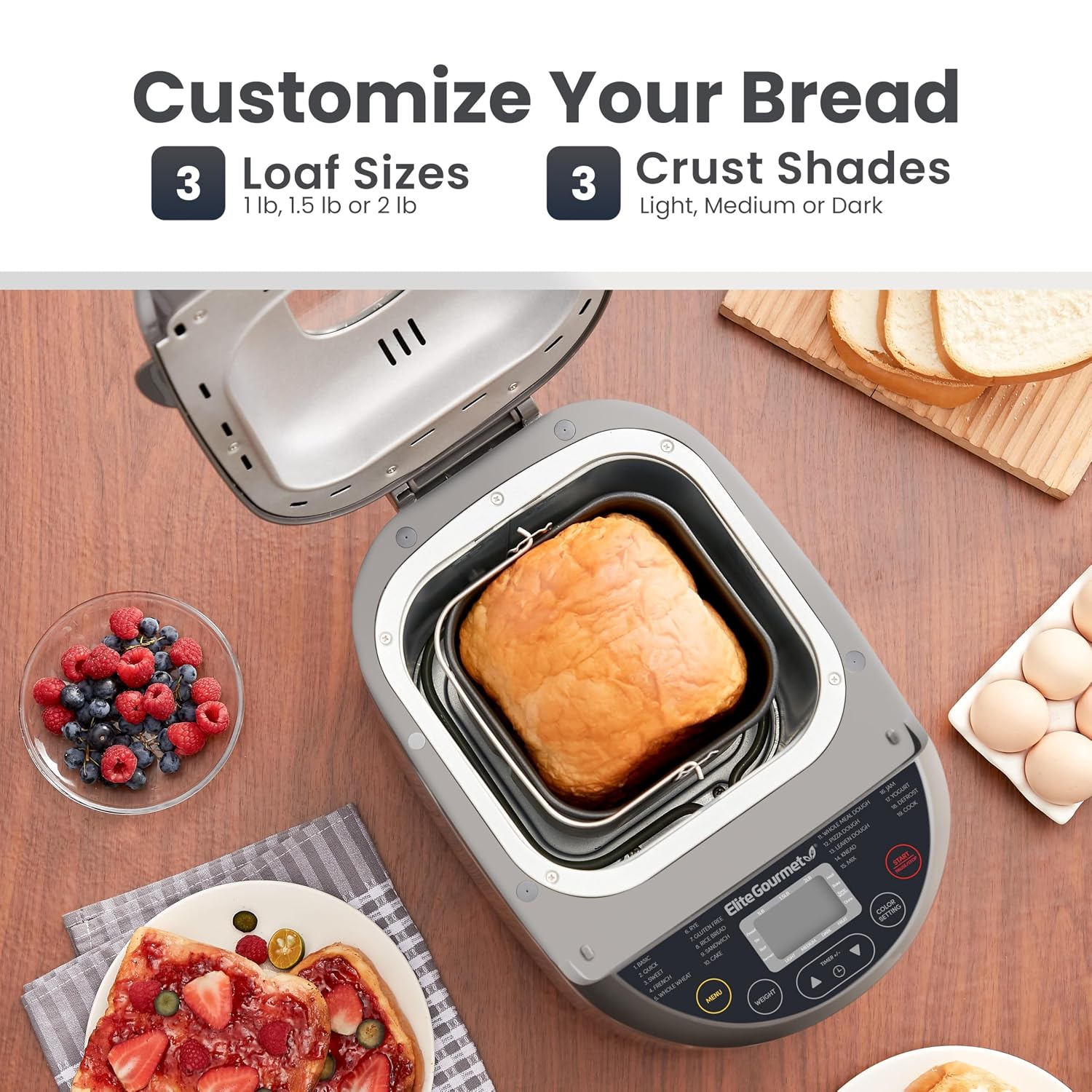 Elite Gourmet EBM8103M Programmable Bread Maker Machine 3 Loaf Sizes, 19 Menu Functions Gluten Free White Wheat Rye French and more, 2 Lbs, Mint, view 9