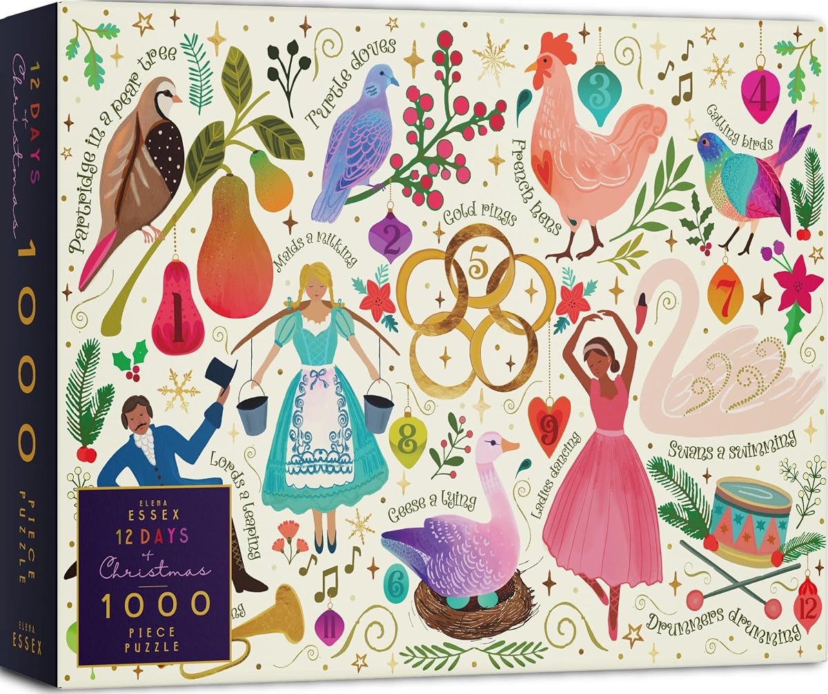 Christmas Puzzle - 12 Days of Christmas | Christmas Puzzles 1000 Pieces | Gold Foil Details | Jigsaws Size 28 x 20 inches | Elena Essex Puzzles