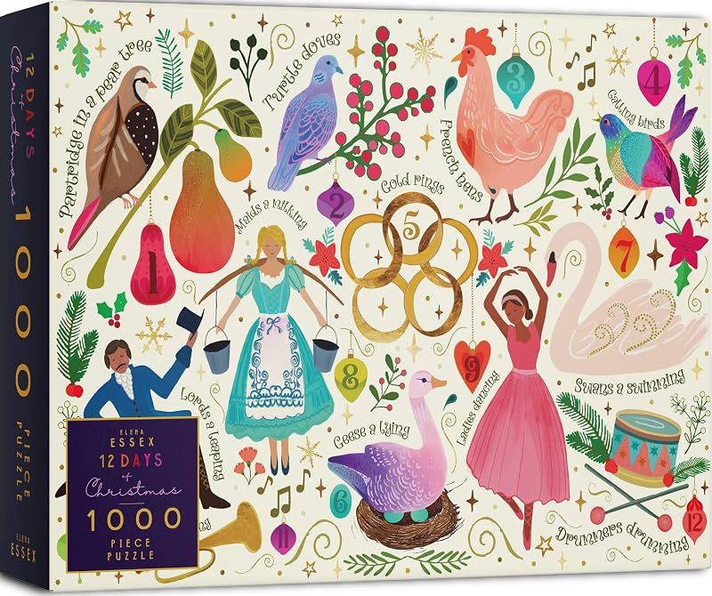 Christmas Puzzle - 12 Days of Christmas | Christmas Puzzles 1000 Pieces | Gold Foil Details | Jigsaws Size 28 x 20 inches | Elena Essex Puzzles