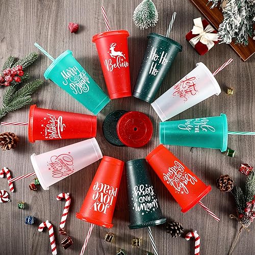 Miniatura 10 de Tioncy 30 vasos de plástico de Navidad con tapas y popote a granel, vasos de plástico de Navidad reutilizables de 25 onzas, tazas de Navidad para