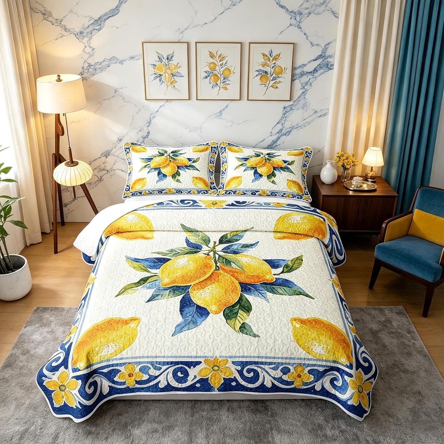Manfei Traditional Lace and Lemon Quilt Set Twin Size,Citrus Fruit Quilted Bedspread for Kids,Farmhouse Quilted Coverlet with 1 Pillow Sham,Orange Blue Bed Covers for All Season