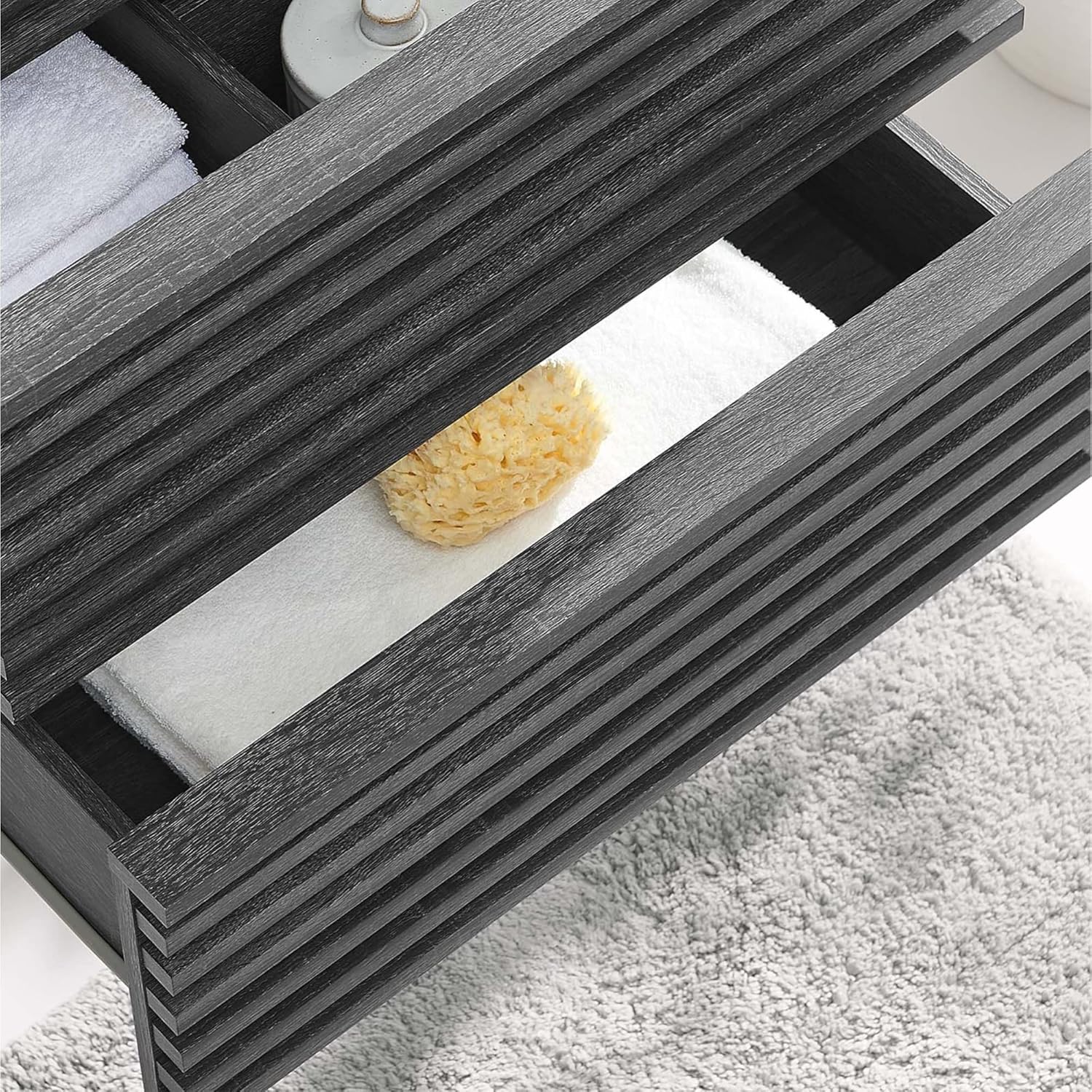 Ergode Render 24 Wall-Mount Bathroom Vanity Cabinet-Mid-Century Modern Style, Walnut Grain Laminate, Full-Extension Drawers, Ceramic Sink Basin