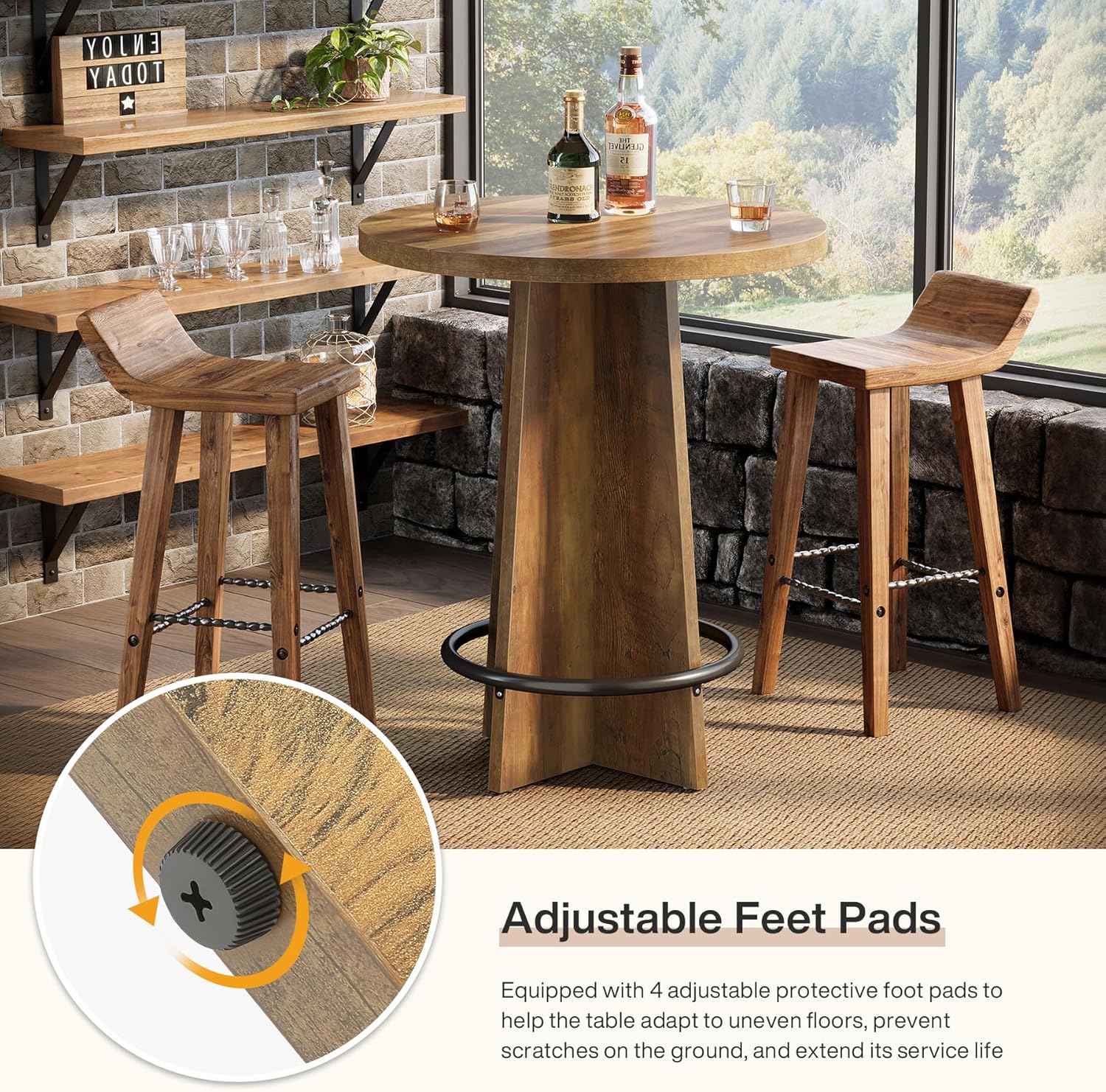 Tribesigns Round Bar Table, 37.4'' Tall Wooden Bistro Pub Table with Base and Metal Ring Footrest for Coffee House, Home, Small Space, Brown(Only Table)