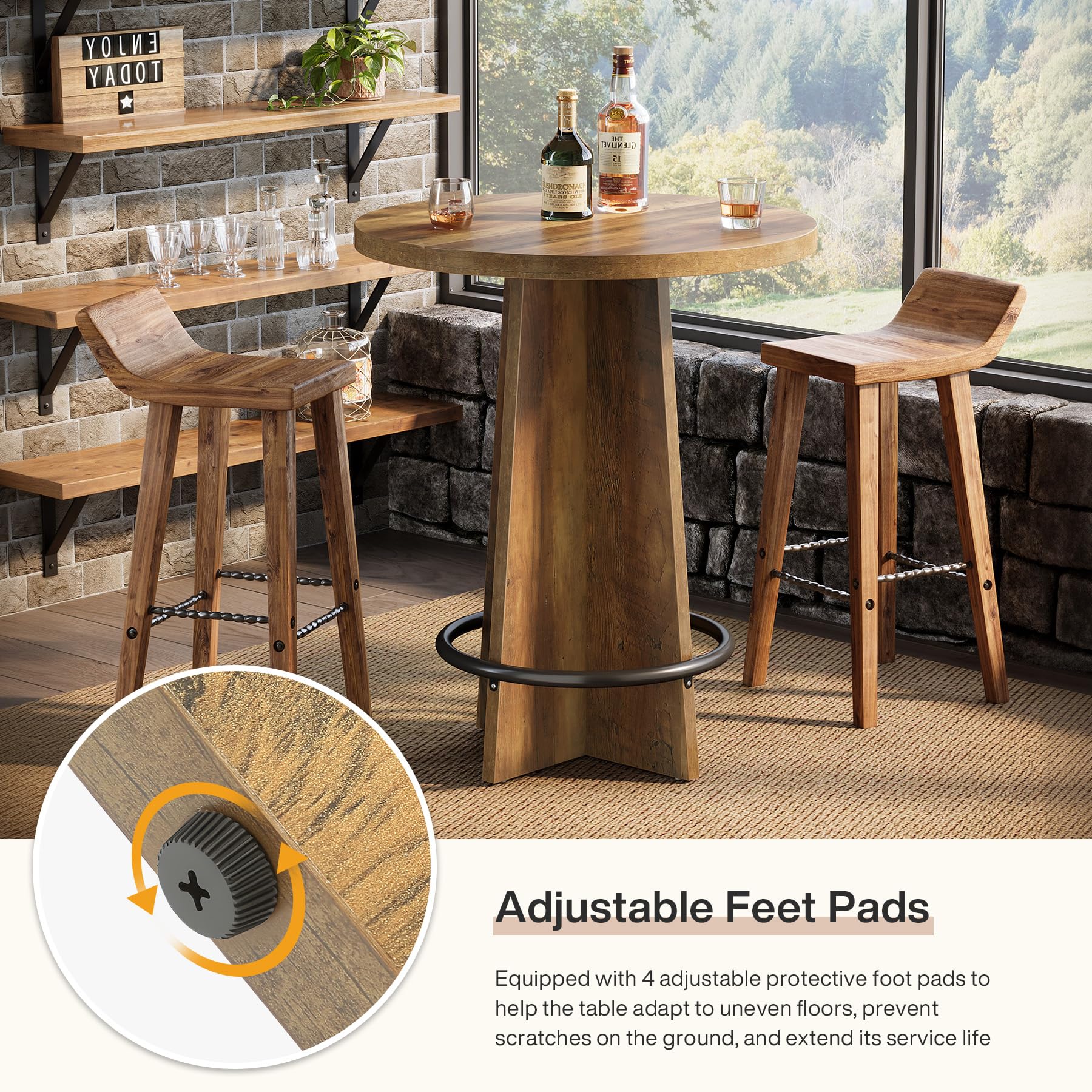 Tribesigns Tavolo rotondo da bar, alto 95 cm, in legno, Tavolino da Cocktail con base e poggiapiedi ad anello in metallo, per caffetteria, casa, piccoli spazi, marrone (solo tavolo)