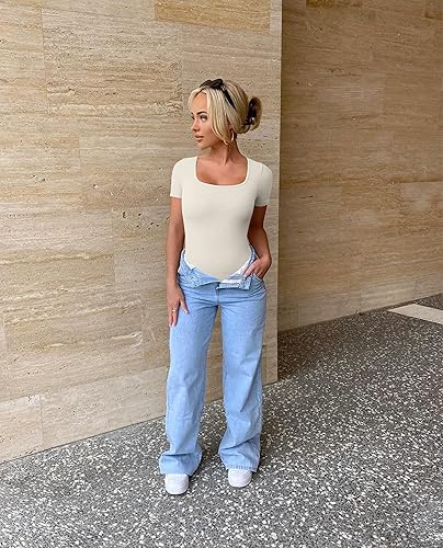 Miniatura 5 de OQQ Bodysuits de 2 Piezas para Mujer Sexys Acanalados de Una Pieza Cuello Cuadrado Manga Corta Bodysuits