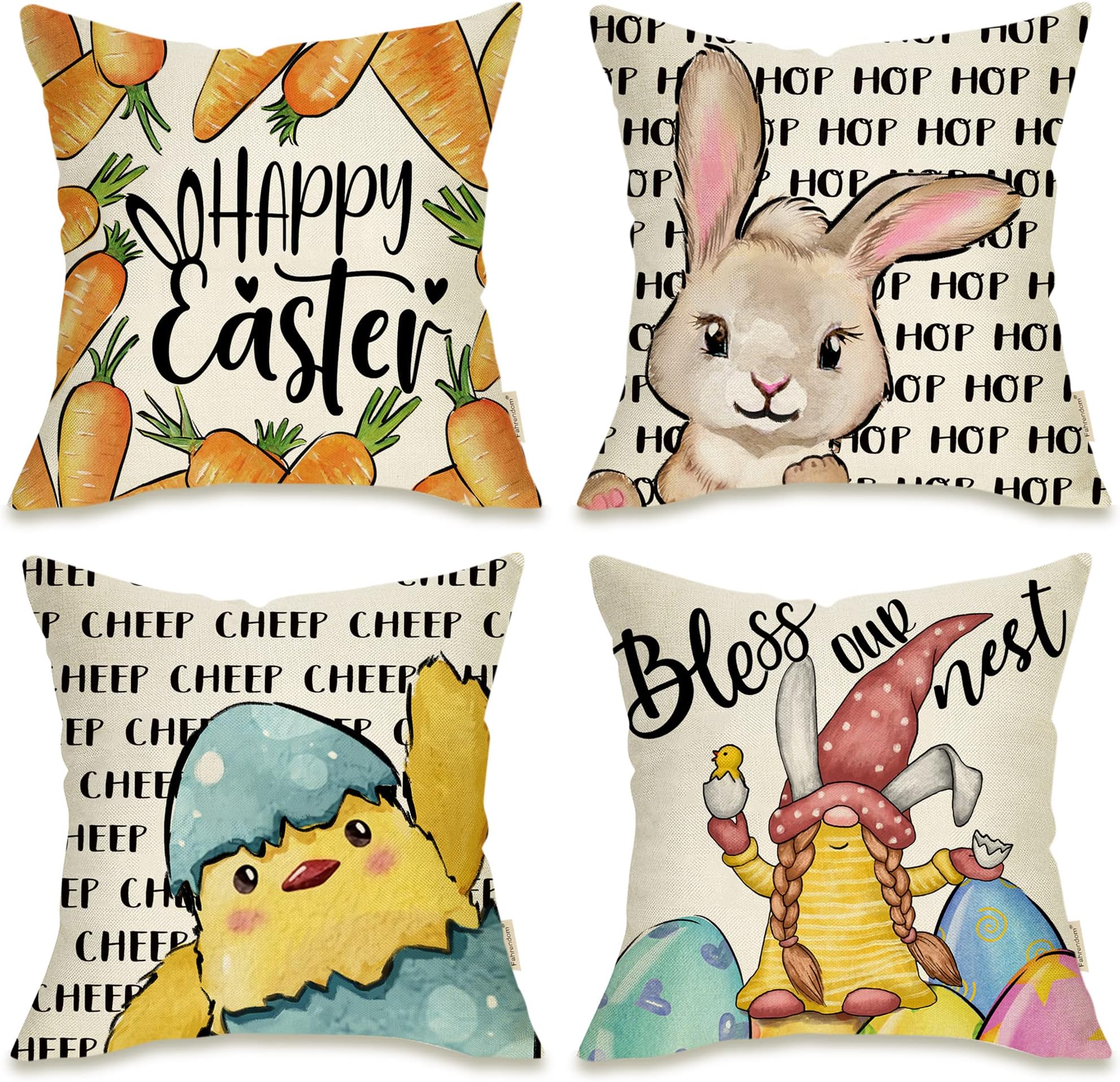 Fahrendom Happy Easter Bunny Eggs Gnome Decorative Throw Pillow Cover 18 x 18 Set of 4, Religious Carrot Hen Chick Hop Cheep Outdoor Pillowcase, Bless Our Nest Spring Cushion Case Home Decor