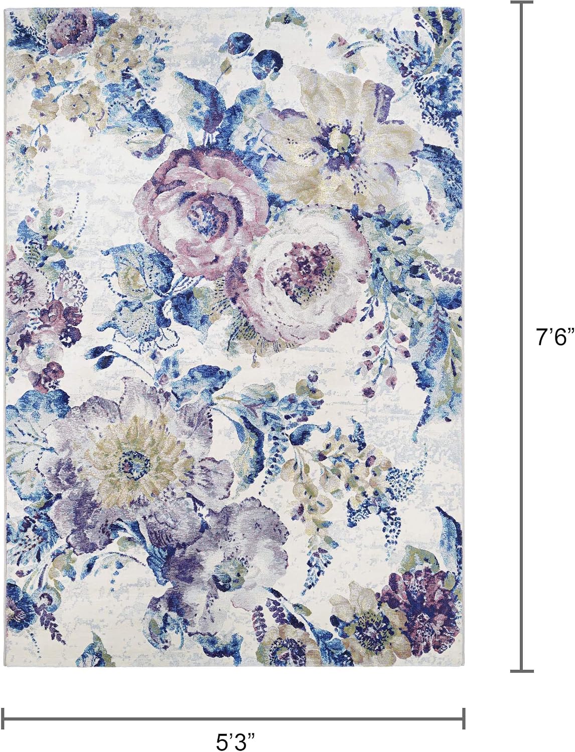 Couristan Easton Floral Indoor Rug - 5'3" x 7'6" Blue and Purple Vintage Botanical Flower Rug for Living Room, Bedroom, Dining Room, Ivory Watercolor Home Decor