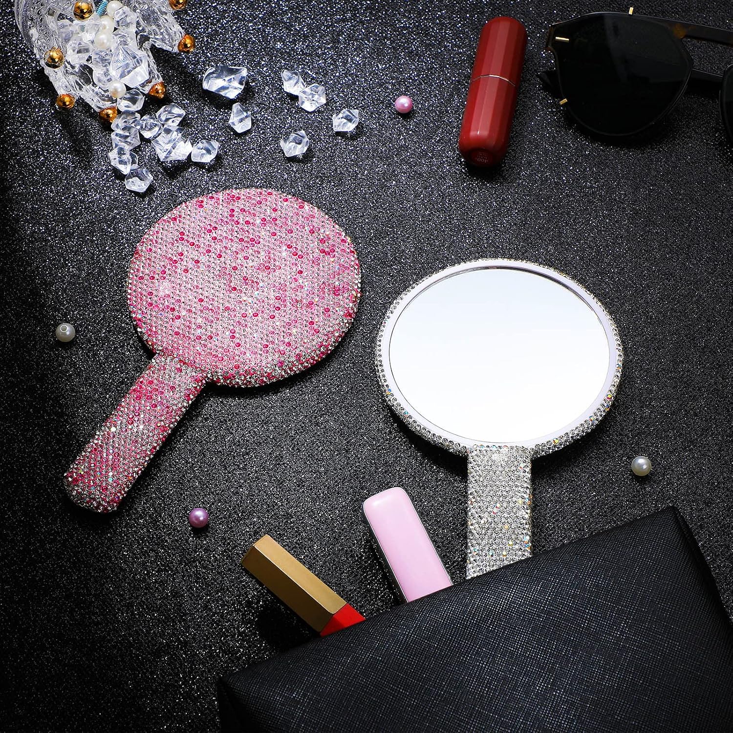 Bucherry 2 Pcs Rhinestone Handheld Mirror 6.7" x 4" Bling Glitter Cosmetic Portable Wedding Make up Hand Mirror with Handle for Women Travel Bridesmaid Gift, Students Classroom Use, Pink and White