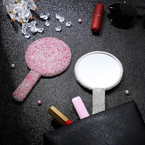 Miniatura 3 de Bucherry 2 piezas de espejo de mano con diamantes de imitación, color rosa y blanco, espejos de mano con asa con purpurina, lindo maquillaje