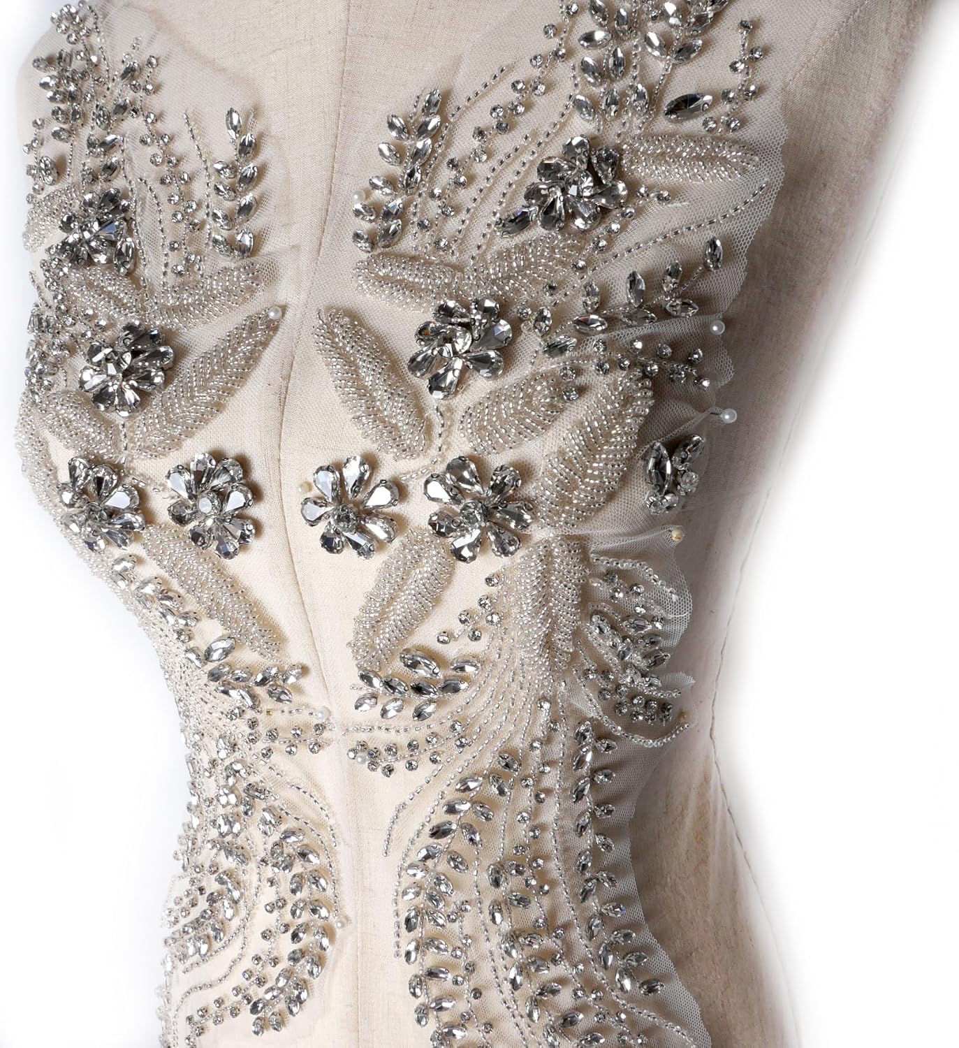 Silver Rhinestone Applique,Beaded Appliques Embellishments,sew on for Dresses,Banquet Evening Gown, Photograph Shot,scrafts Decoration,Performance Leaves Flowers Applique (Silver, 2401)