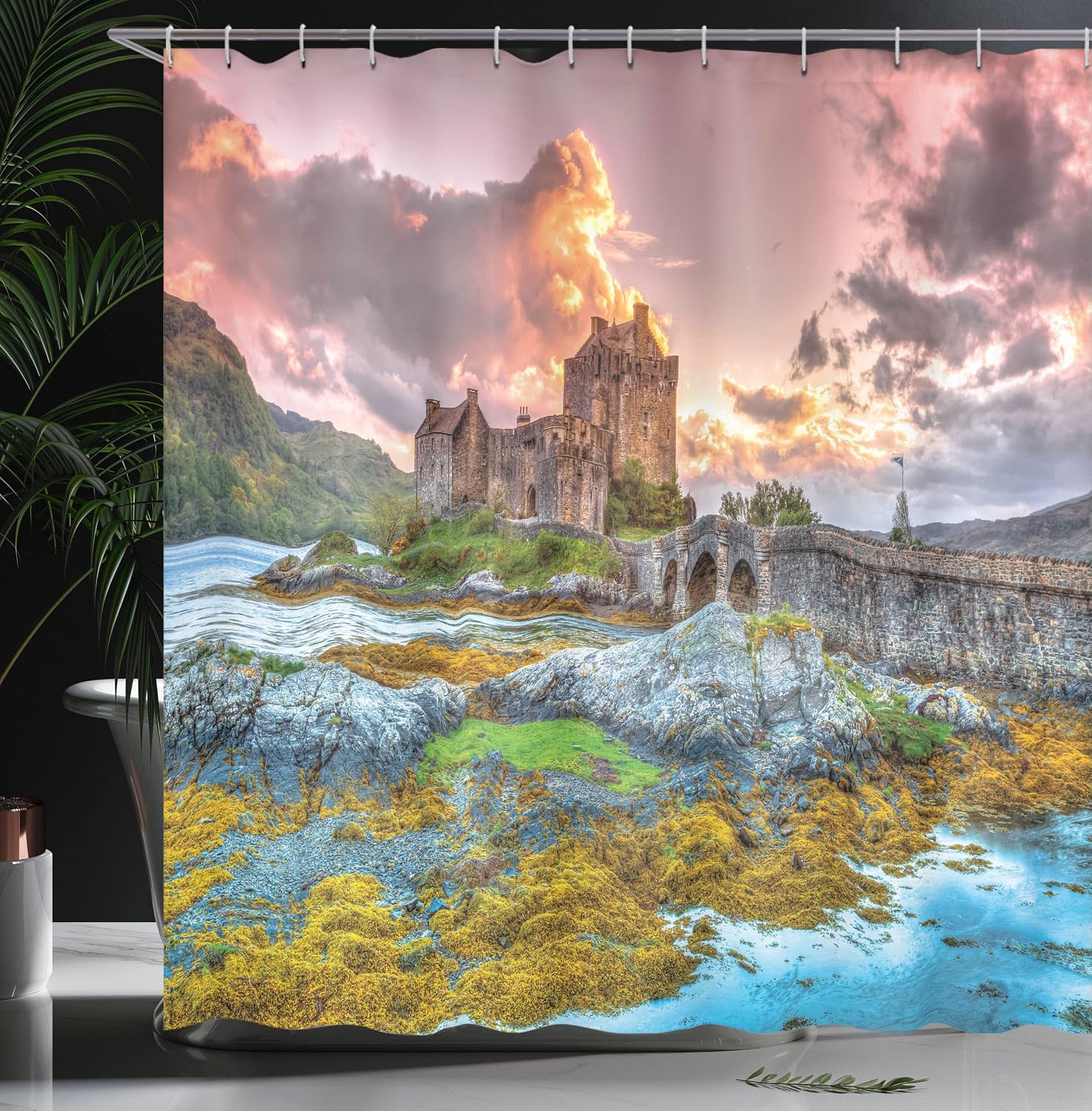 Ambesonne Scenery Shower Curtain, Dreamy Times Middle Age Inspired Cartoon Castle Near Lake Stones Moss, Cloth Fabric Bathroom Decor Set with Hooks, 69" W x 75" L, Multicolor Earth Yellow