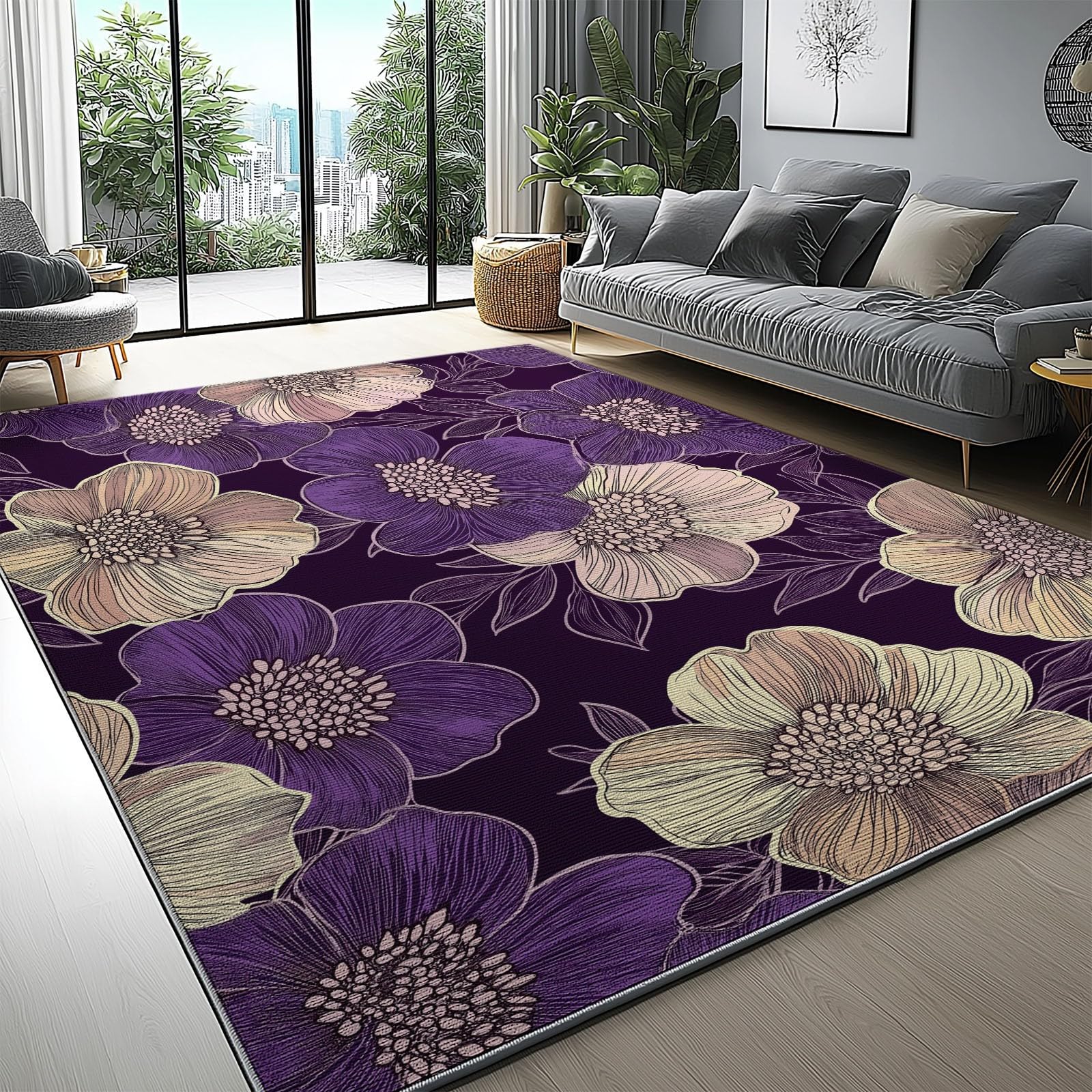 Tapis salon 160 x 230 cm lavable à poils courts imprimé fleurs violet et beige