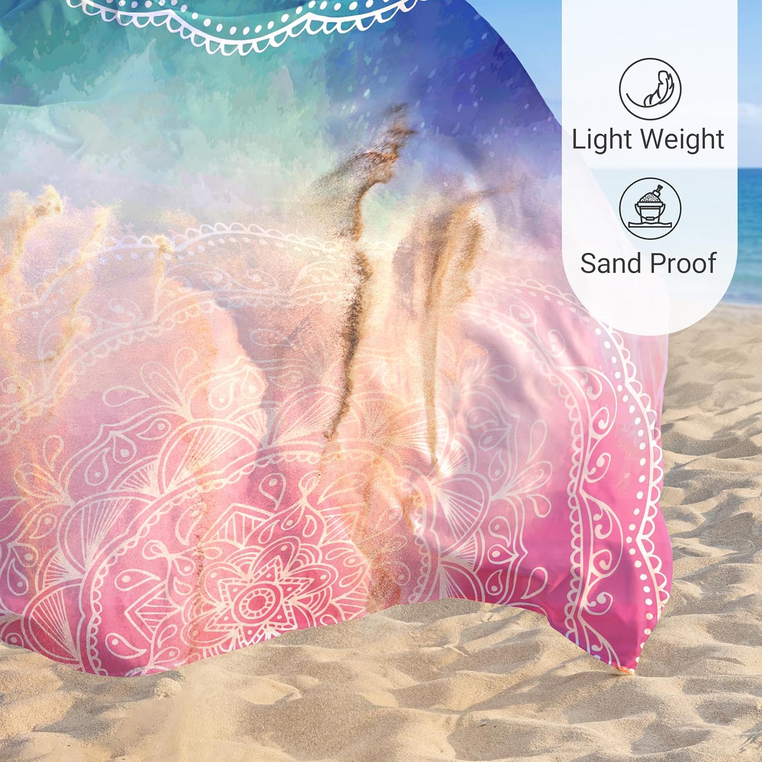 Sunlit Silky Soft Sand Proof Beach Blanket 106"x81" / 85"x72" Sand Proof Mat with Corner Pockets and Mesh Bag for Beach Party, Travel, Camping and Outdoor Music Festival, Mandala