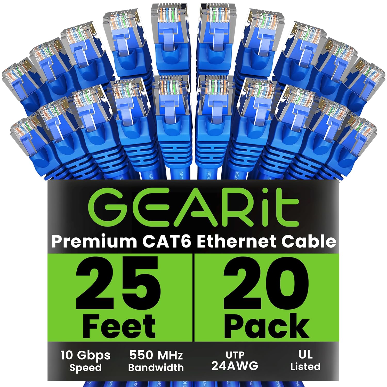 GEARit Cat 6 Ethernet Cable Pack - 20-Pack 25 ft Cat6 Ethernet Patch Cables | RJ45 Network Patch Cable, 10 Gbps Snagless Gold-Plated Connectors - Ethernet Cable Cat 6 for PC, TV, Router - Blue