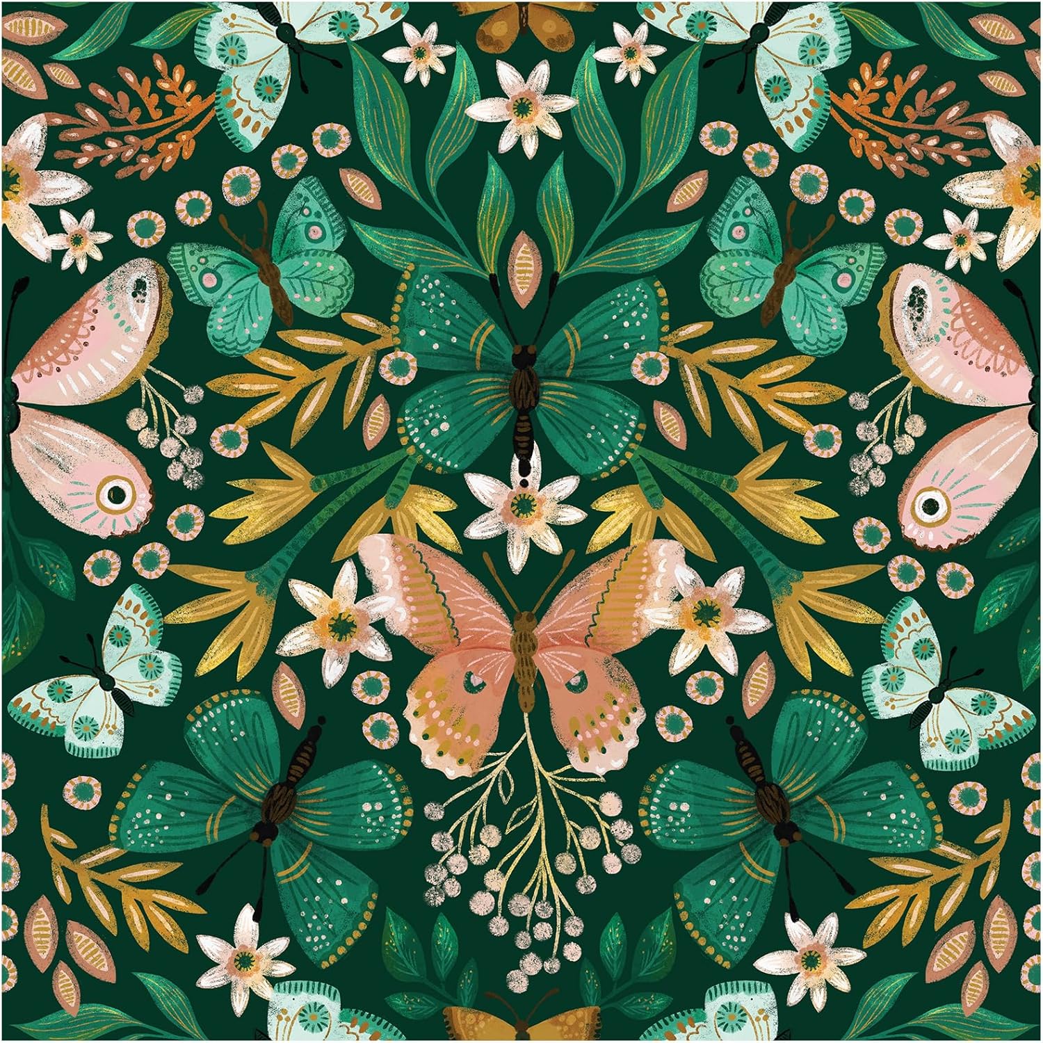 HAOKHOME Boho Peel and Stick Wallpaper Vintage Butterfly Floral Removable Contact Paper for Bathroom Accent Wall Powder Room Self Adhesive Vinyl 17.3in x 118in
