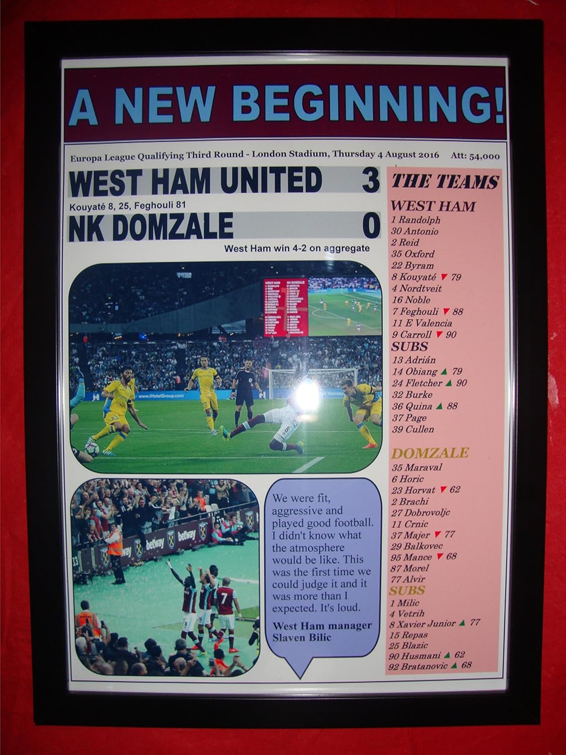 Lilywhite Multimedia West Ham United 3 NK Domzale 0-2016 Europa League - framed print