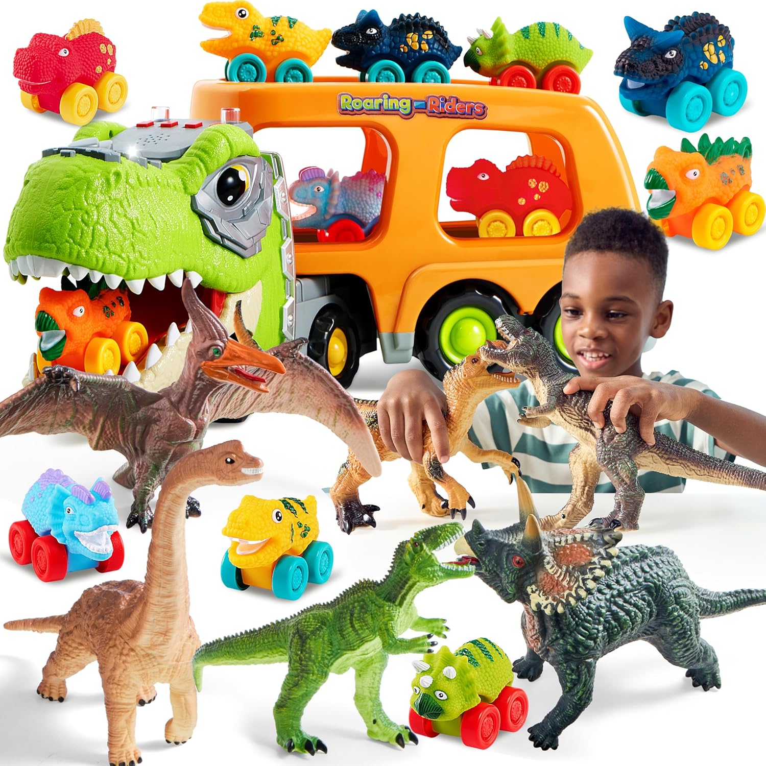 JOYIN Dinosaur Truck Toys with Big Dinosaur Toys for Toddlers, Dinosaur Car Carrier Truck Toy with 6 Rubber Car Vehicles, 6 Piece Large Soft Dinosaur Figures