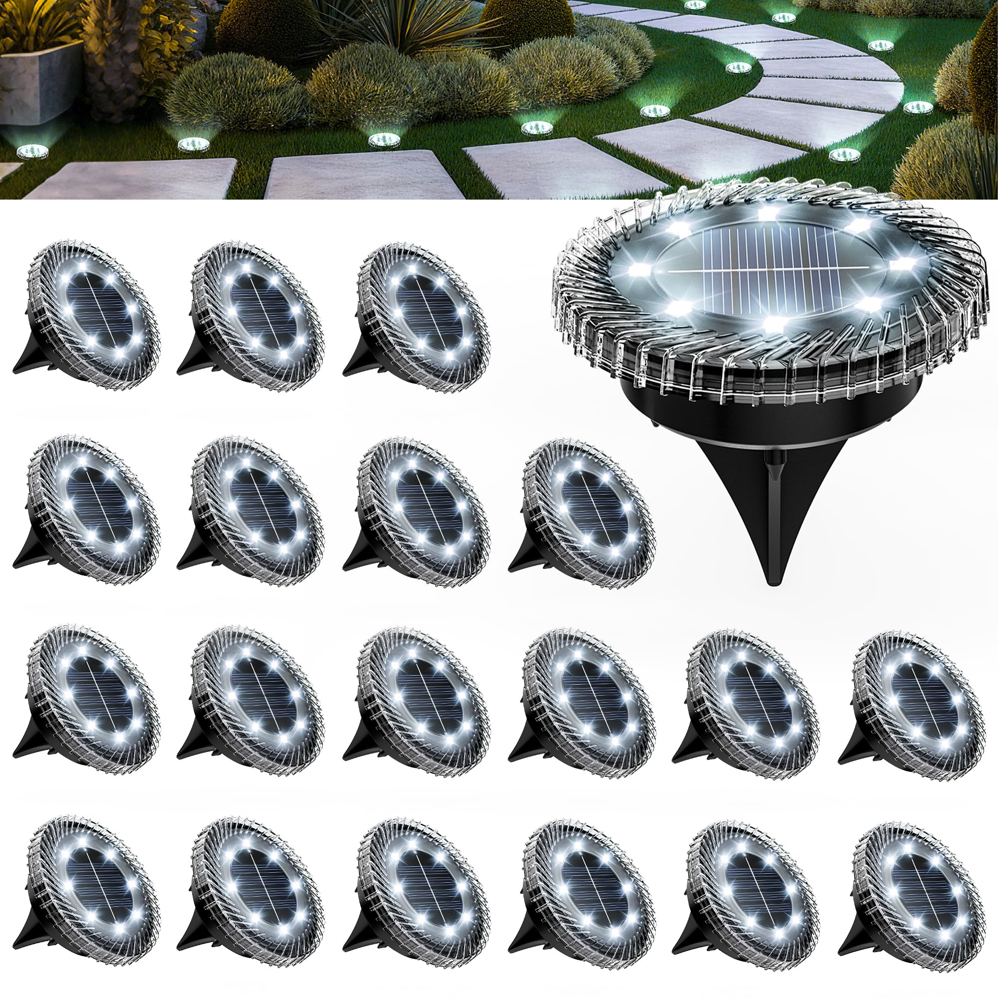 Solpex Solar Lights Outdoor Garden,20 Pack Solar Ground Lights,IP65 Waterproof for Stairs, Patio, Pathway(Cool White)
