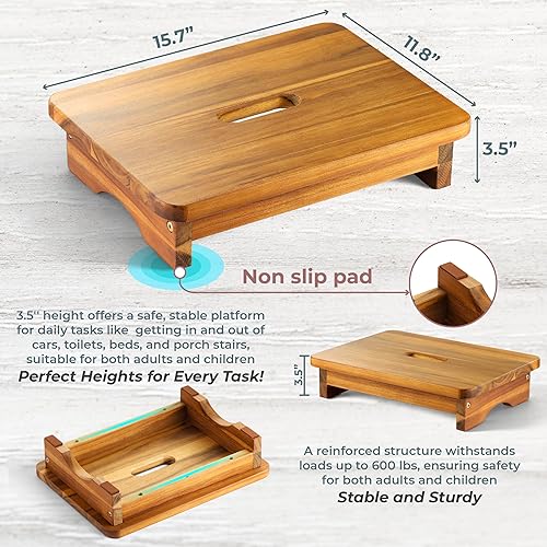 Miniatura 3 de Taburete de madera de 3.5 pulgadas, taburete de un escalón para adultos, escalón de noche de madera con capacidad de carga de 550 libras, Acacia