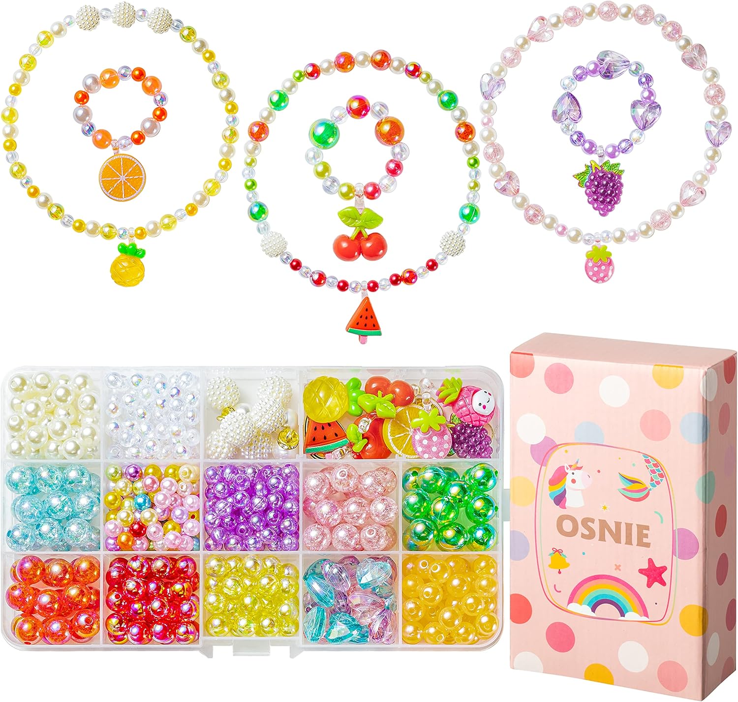 OSNIE DIY Bead Jewelry Making Kit for Kids Girls with Mermaid Starfish Shell Unicorn Rainbow Butterfly Heart Pearl Charms Beads for Bracelets Rings Necklaces Creativity Beading Kits Art Craft, 400Pcs+ : Everything Else