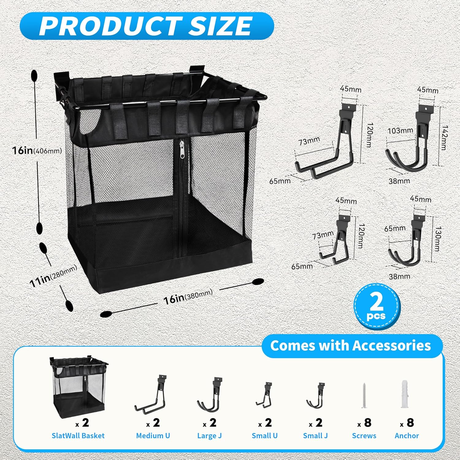 2PCs Slatwall Basket with Zipper - Visible Large Slatwall Mesh Basket, 8 Hooks Included, Heavy Duty Slatwall Ball Basket Support Up to 35lbs, Slat Wall Sports Storage, Gagage Slatwall Ball Holder