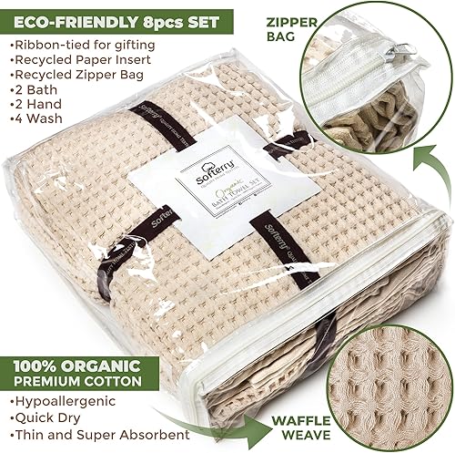 Miniatura 2 de Juego de toallas de baño europeas de tejido gofre, 100% algodón orgánico, secado rápido, sin pelusas, finas y absorbentes, resistentes a la