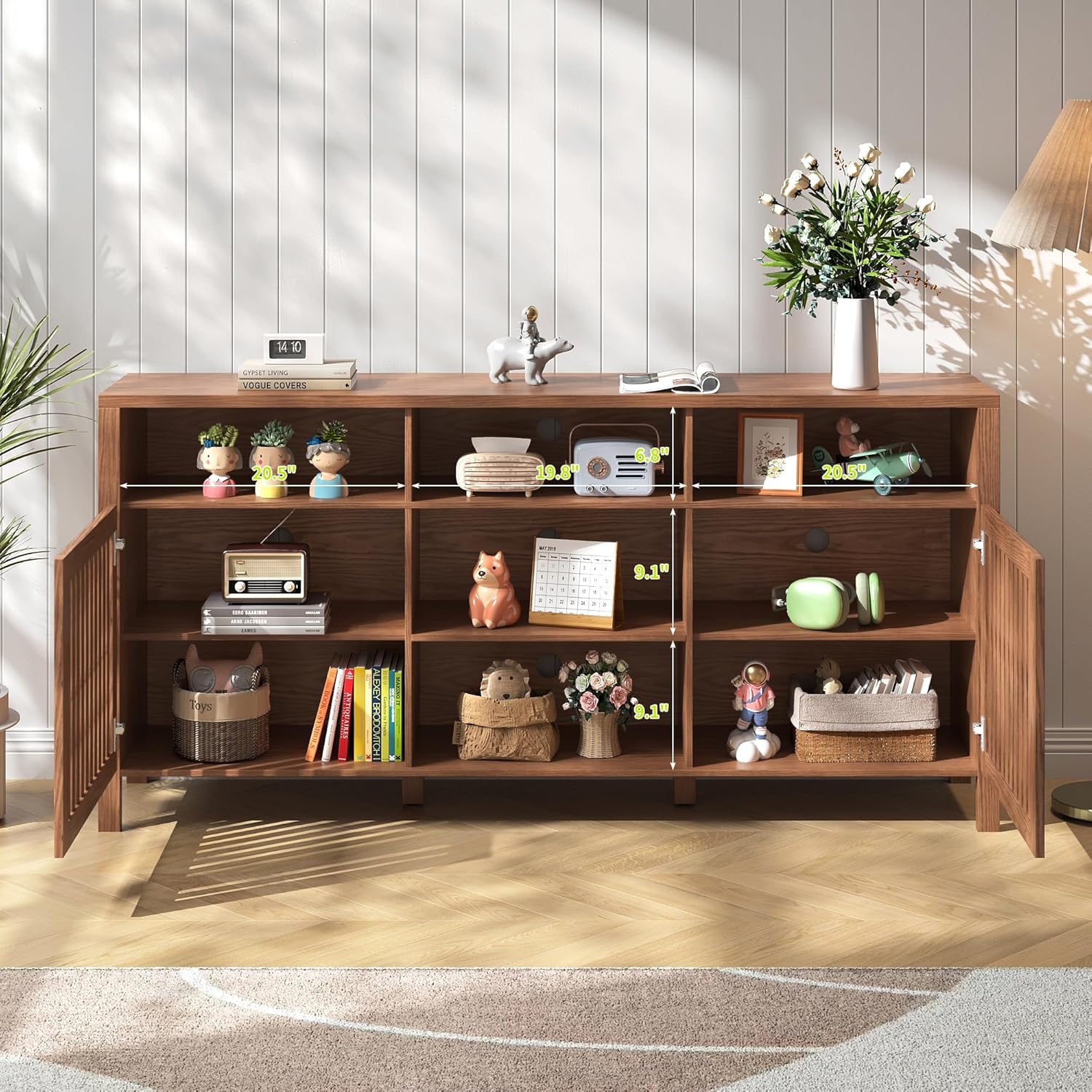 Farmhouse Brown TV Stand with Grille Doors, 5 Open Storage Compartments, 65" Media Console with Adjustable Shelves for Living Room