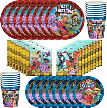 الكنوز الموهوبة Dino Ranch لوازم حفلات أعياد الميلاد - تخدم 24 ضيفًا - مجموعة أدوات العشاء الكلاسيكية - لوازم حفلات Dino Ranch بما في ذلك لوحات حفلات عيد ميلاد الديناصورات والمناديل ، أكواب Dino Ranch   