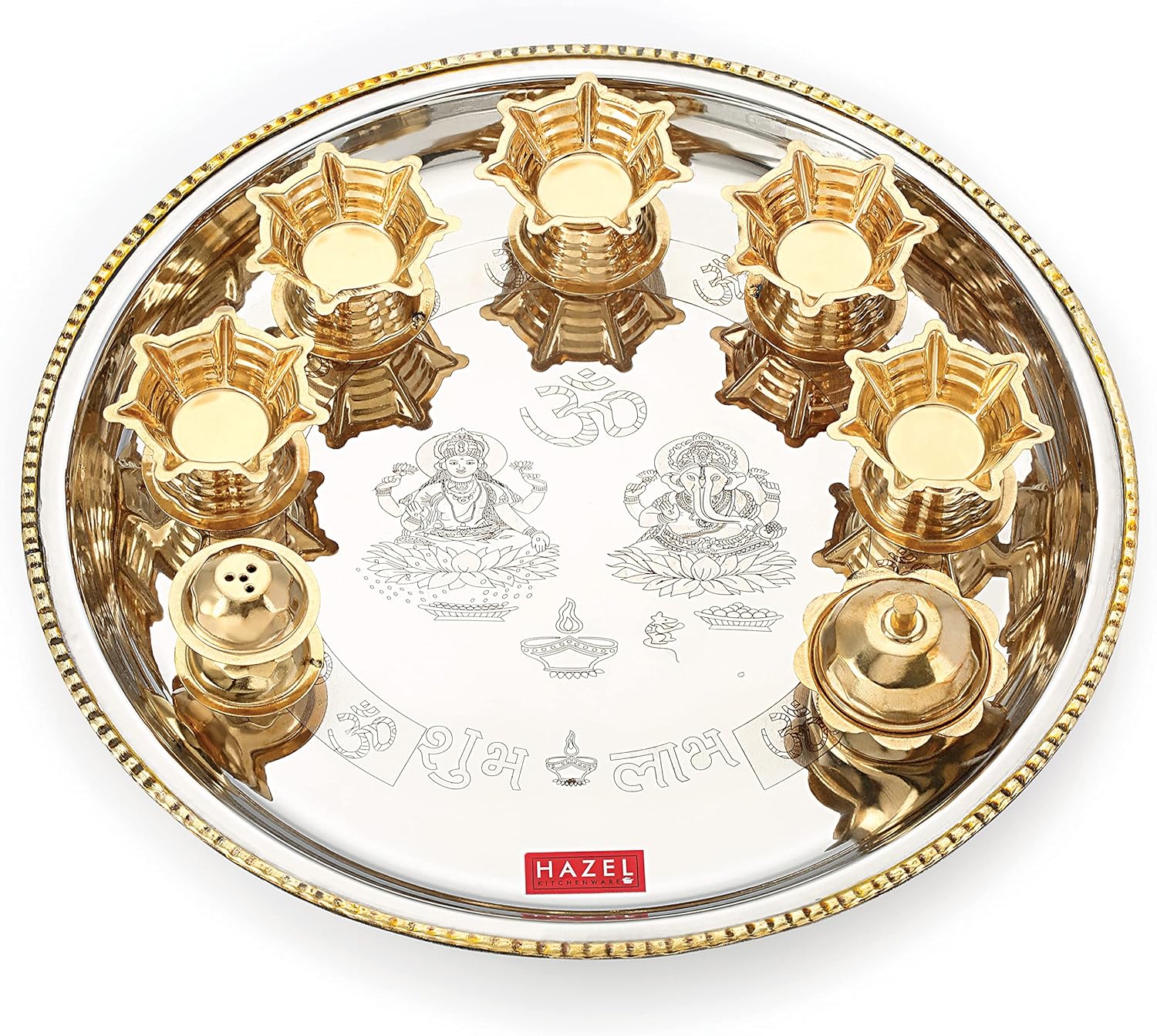 HAZEL Stainless Steel Pooja Aarti Thali Set, 11 inches with 5 Pcs Diva, 1 Pc Incense Holder and Kumkum Wati, Silver