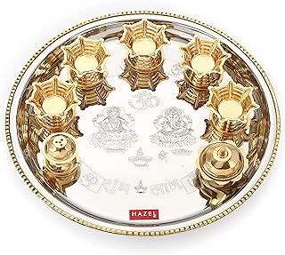 HAZEL Stainless Steel Pooja Aarti Thali Set, 11 inches with 5 Pcs Diva, 1 Pc Incense Holder and Kumkum Wati, Silver