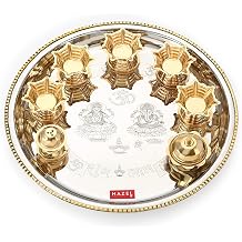 HAZEL Stainless Steel Pooja Aarti Thali Set, 11 inches with 5 Pcs Diva, 1 Pc Incense Holder and Kumkum Wati, Silver