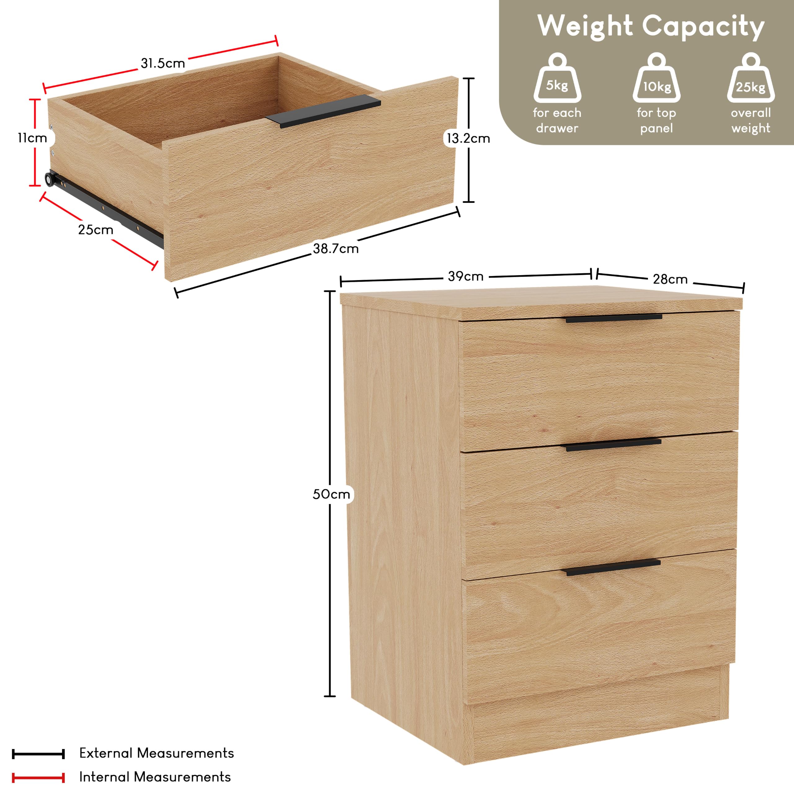 Vida Designs Trega - Set di 2 comodini a 3 cassetti, in legno di pino, compatti e salvaspazio, 50 x 39 x 28 cm, in legno ingegnerizzato, con cassetti scorrevoli, maniglie nere, ideale per camera da