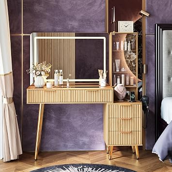 GarveeHome Fluted Makeup Vanity Desk with Lights, 48 in Big Vanity with Glass Top and Large 36" HD Lighted Mirror, Modern Dressing Table with 5 Drawers 3-Tier Shelves Set w/Charging Station Oak