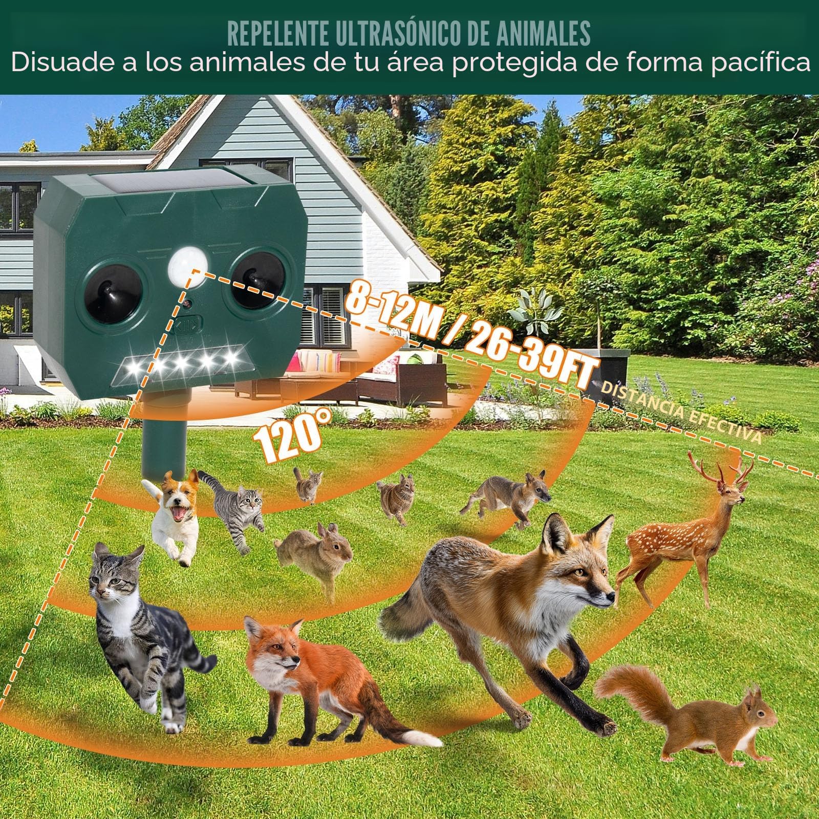 2 Piezas Ahuyentador de Gatos Exterior, Ultrasónico Repelente de Zorros Solar Potente con Luz LED, 12m 120° IP45 Impermeable Aullentador de Animales para Gatos Martas Mapaches Perros